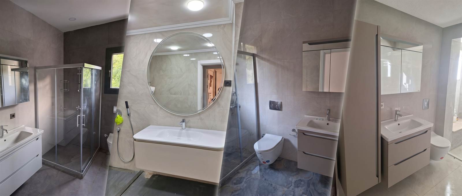 Duşakabinli banyo, yuvarlak aynalı lavabo, asma klozet ve dolaplı lavabo montajları