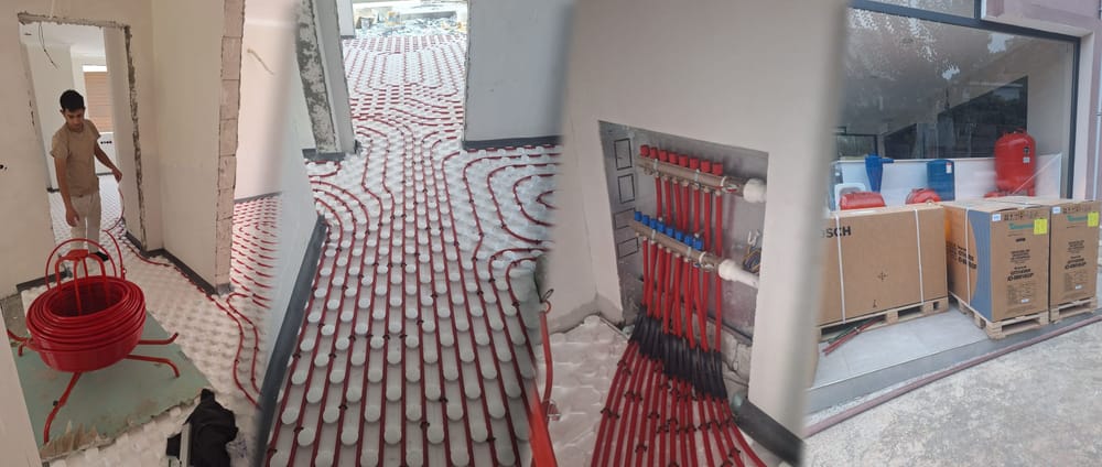 Yerden ısıtma için yalıtım levhasına döşenen kırmızı borular, kollektör dolabı ve mağaza önündeki ısı pompası kutuları
