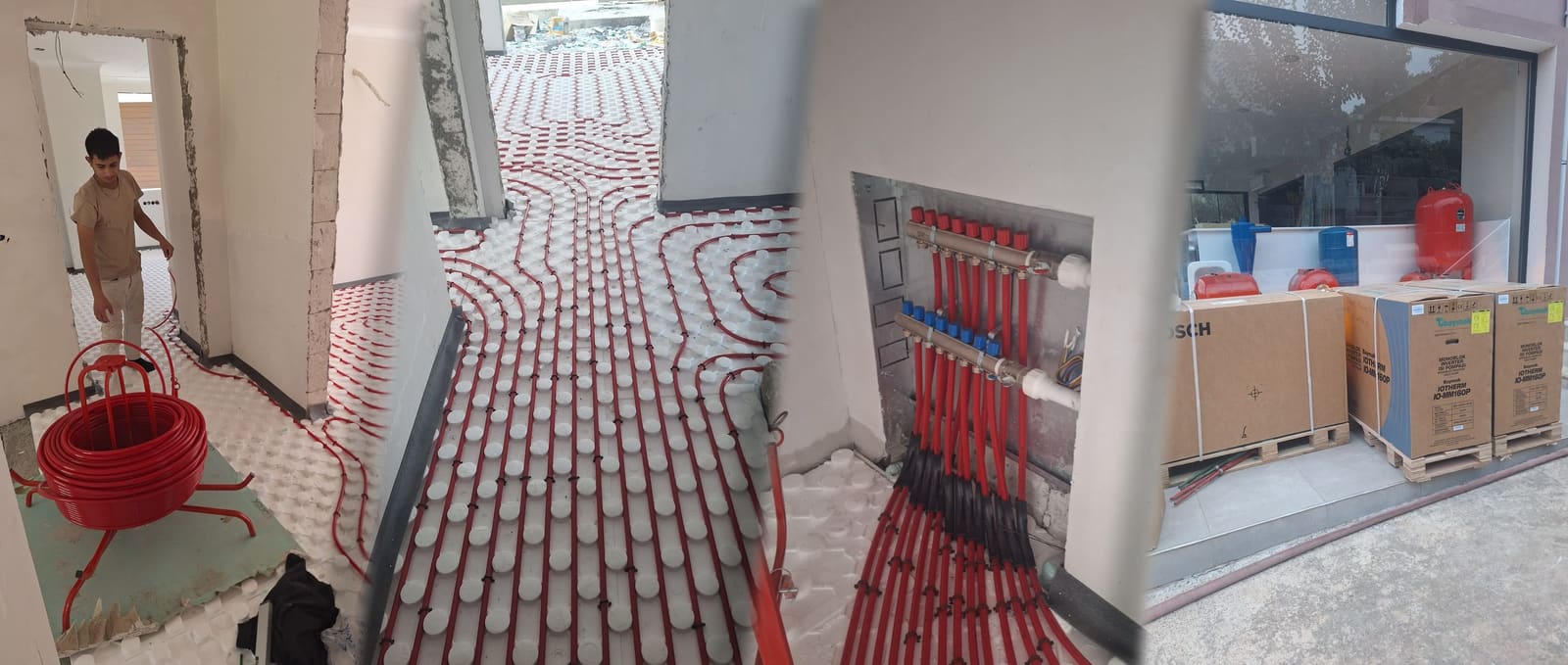 Yerden ısıtma için yalıtım levhasına döşenen kırmızı borular, kollektör dolabı ve mağaza önündeki ısı pompası kutuları